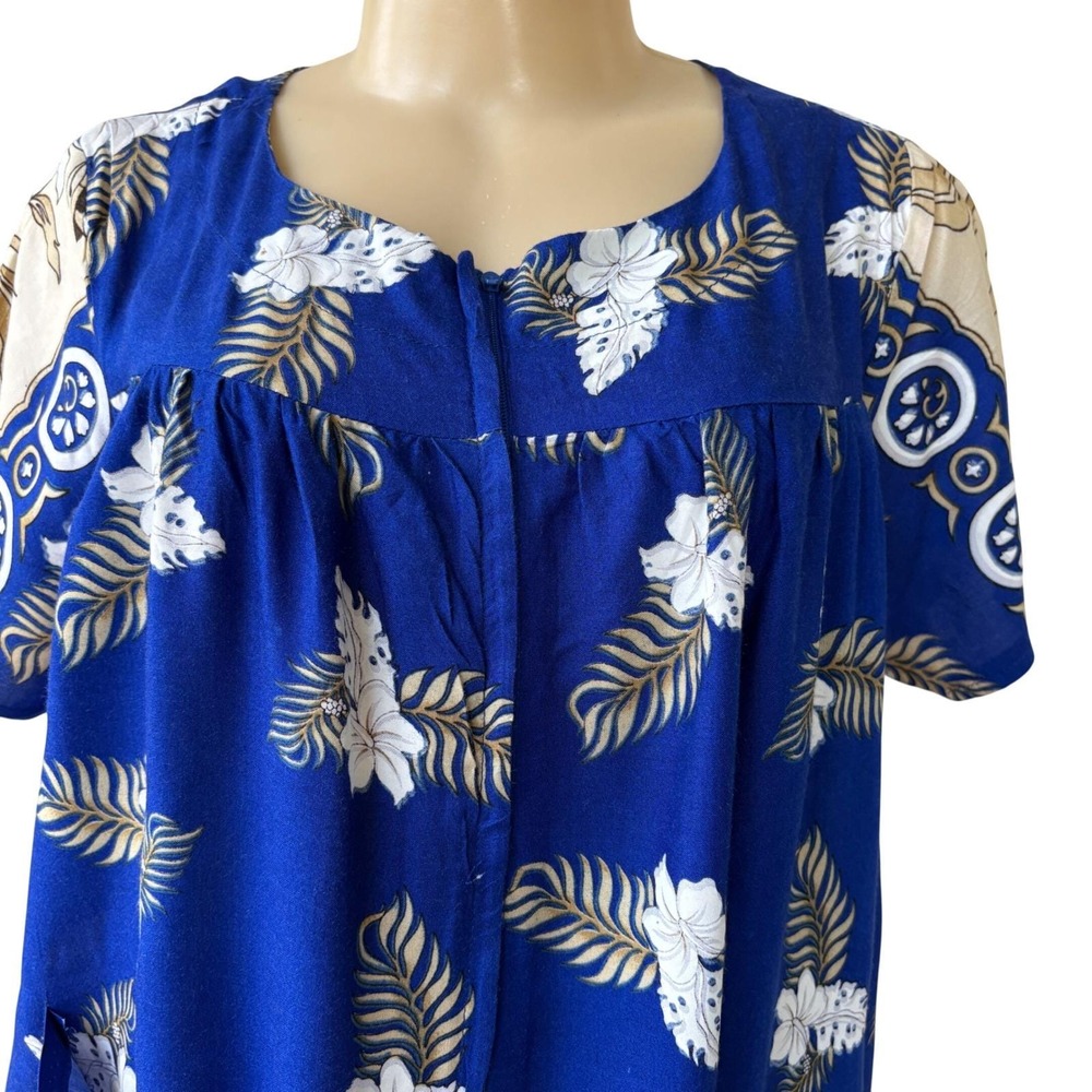 Vintage Hawaiian Victor Sports Blue Floral Midi Dress Retro Resort M/L - Picture 9 of 10